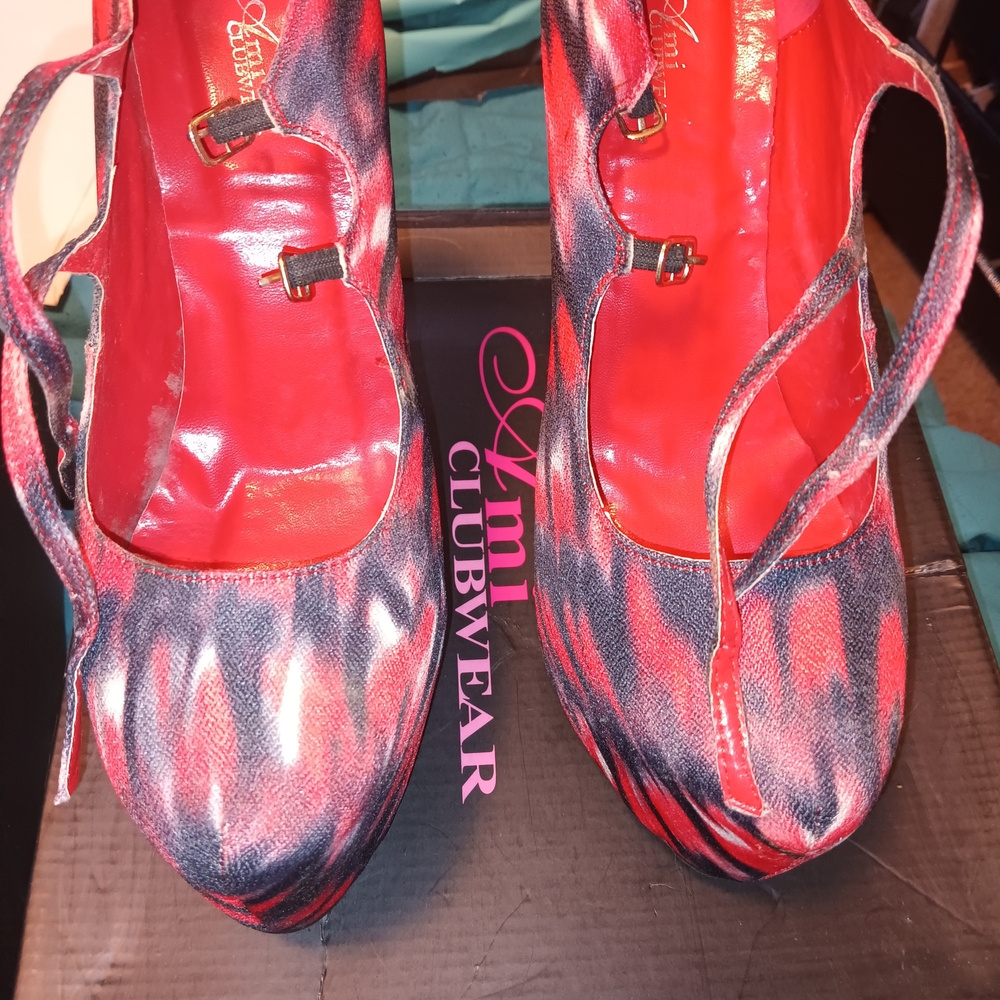 AMI Clubwear Red & Black Mary Jane Heels with Adjustable Strap